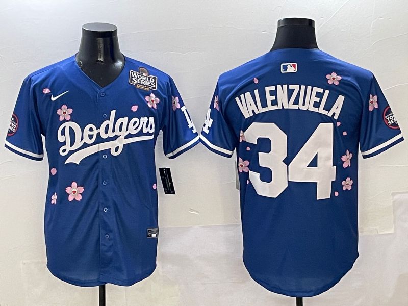Men Los Angeles Dodgers 34 Valenzuela Blue Sakura Edition 2025 Nike MLB Jersey style 6